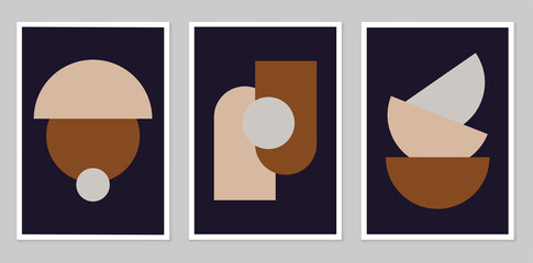 Fototapeta na wymiar A set of abstract posters depicting simple figures. Modern minimalist background in modern boho style. Mid-century wall decor, vector art print. Composition of simple figures.