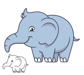 Cute Happy Baby Elephant with Black and White Line Art Drawing