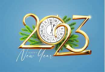 Happy 2023 New Year Elegant Christmas congratulation with 3D realistic gold metal text and fir tree branches
