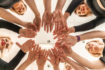 Team of people holding hands. Group of happy young women holding hands. Bottom view, low angle shot...