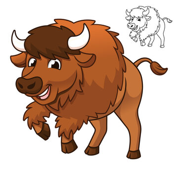 Cute Happy Bison Jumping with Black and White Line Art Drawing