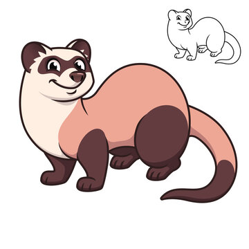 Cute Happy Ferret with Black and White Line Art Drawing