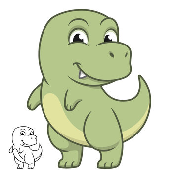Cute Happy Baby Tyrannosaur Trex Standing with Black and White Line Art Drawing