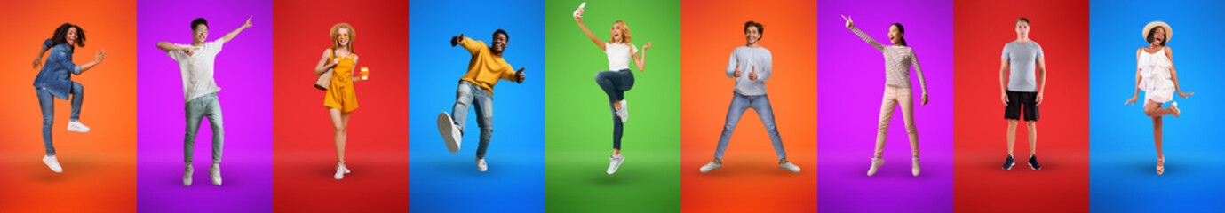 Active millennials posing on colorful backgrounds, set of studio shots