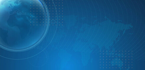 Interface design. Futuristic background with Earth planet, World map, techno screen elements and light effects.