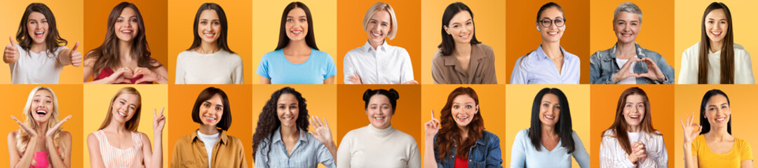 Happy Ladies. Smiling Faces Of Diverse Caucasian Women Posing Over Yellow Backgrounds