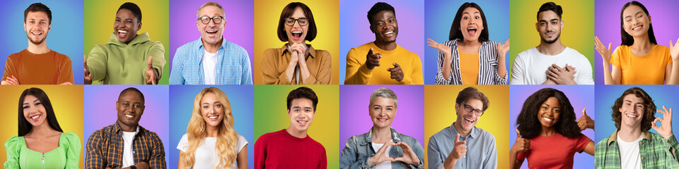 Excited Happy Multiethnic Men And Women Posing Over Colorful Studio Backgrounds