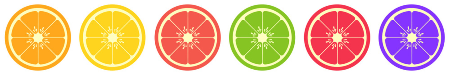 Fruit slice on white background. Set of citrus and exotic tropical fruit. Round colorful slice of orange, lemon, grapefruit and lime. Flat image jpeg illustration.
