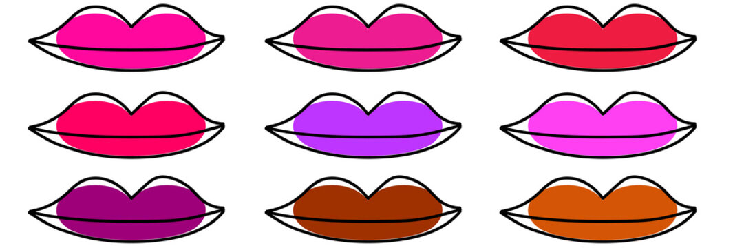 Red lips icon. Simple line mouth icon. Sexy open mouth with red lipstic. Makeup icon.Red lips hand drawn with ink paint brush and black pen outline, isolated on white background. jpeg image jpg illust