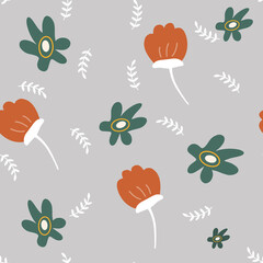 Flowers and leaf seamless pattern. Scandinavian style background. Vector illustration for fabric design, gift paper, baby clothes, textiles, cards