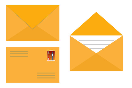 Yellow and colored  mail icon set in flat design style. jpeg image  illustration isolated on white background.Open and closed envelope. jpg icon in flat design style Closed, open with a message e-mail