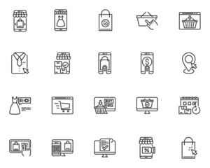 set of shopping line icons, online shopping, pay, marketing, marketplace