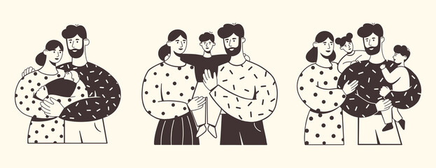 Collection of happy families with children. Young mothers and fathers holding their beloved children in their arms. Love and care for loved ones. Flat vector illustration. Sketch style.