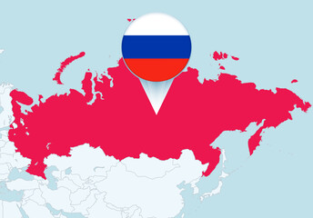 Asia with selected Russia map and Russia flag icon.