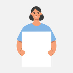 Woman holding a white blank board, poster, banner. Business presentation, sale offer or advertising concept. Flat vector illustration.