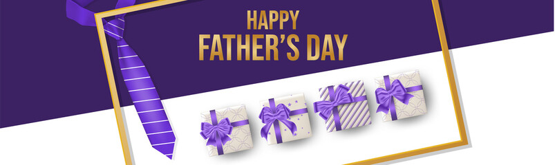 Fathers Day greeting card or banner. Purple gift box and a tie on white background. Vector illustration.