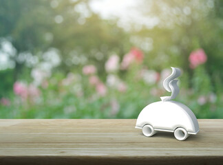 Restaurant cloche 3d icon on wooden table over blur pink flower and tree in garden, Business food delivery online concept