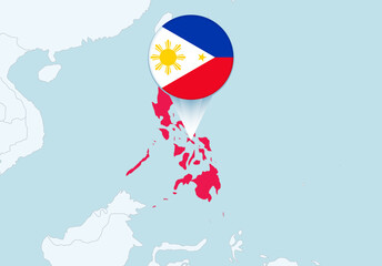 Asia with selected Philippines map and Philippines flag icon.