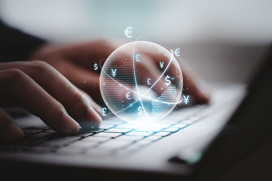 Global currency exchange and forex concept, Business man hand using computer laptop with virtual world and dollar yuan yen euro and pound sterling sign with copy space. - Powered by Adobe