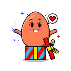 Cute cartoon brown cute egg character coming out from big gift box look so happy in concept 3d cartoon style