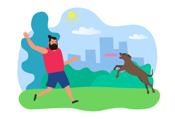 man training dog catching frisbee in the park  vector illustration
