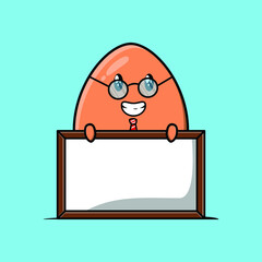 Cute cartoon brown cute egg teacher character with big whiteboard in 3d cartoon style concept