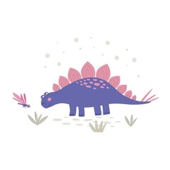 Cute dinosaur with butterfly vector illustrations. Cartoon animal isolated on white background