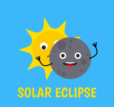 solar eclipse cute cartoon character sun and moon vector illustration