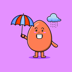 Cute cartoon brown cute egg character in the rain and using an umbrella in 3d modern style design