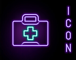 Glowing neon line First aid kit icon isolated on black background. Medical box with cross. Medical equipment for emergency. Healthcare concept. Colorful outline concept. Vector