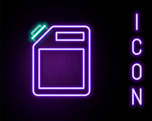 Glowing neon line Canister for gasoline icon isolated on black background. Diesel gas icon. Colorful outline concept. Vector