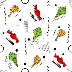 Candy and ice cream memphis pattern. Seamless pattern with candy and ice cream. Design for wall decoration, postcard, poster, brochure, shirt, etc