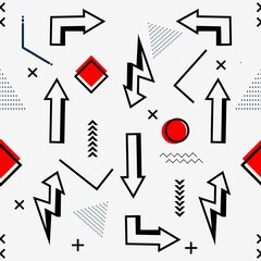 Geometry memphis pattern. Seamless pattern with arrow icon. Design for wall decoration, postcard, poster, brochure, shirt, etc