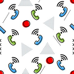 Phone memphis pattern. Seamless pattern with phone icon.  Design for wall decoration, postcard, poster, brochure, shirt, etc