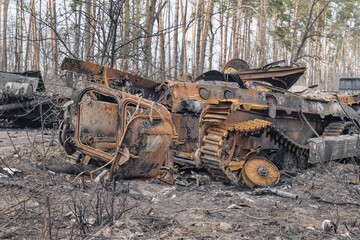 Ukraine 2022 04 04 Destroyed IFV of the Russian army. Remains of a combat vehicle at the scene of hostilities (concept war)