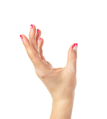 Female hand with manicure isolated on white shows.