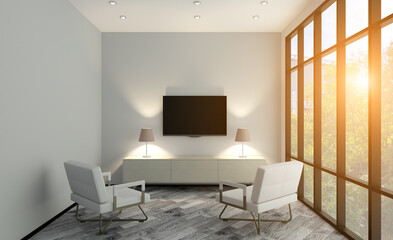 Open space office interior with like conference room. Mockup. 3D rendering.. Sunset.
