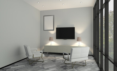 Elegant office interior. Mixed media. 3D rendering.. Blank paintings.  Mockup.