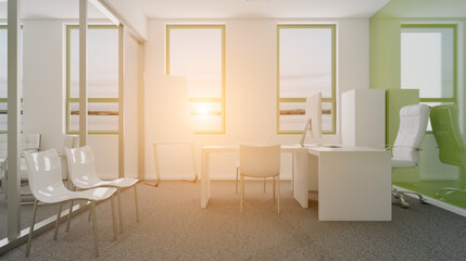 Furniture set with table, chairs and devices. 3D rendering./. Sunset.