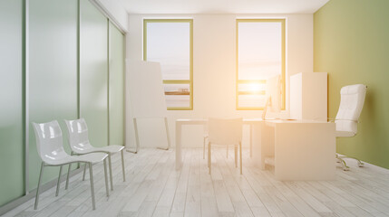Modern office Cabinet.  3D rendering.   Meeting room. Sunset.