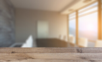 Modern office building interior. 3D rendering.. Sunset.. Background with empty table. Flooring.