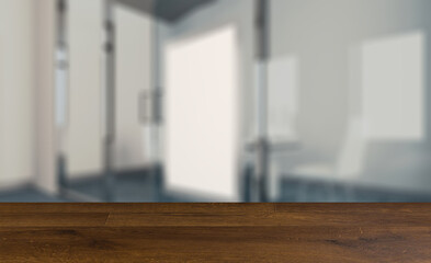 Modern office building interior. 3D rendering.. Mockup.   Empty. Background with empty table. Flooring.