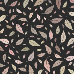 Background with colorful feathers or leaves. Pastel colors on a dark background.