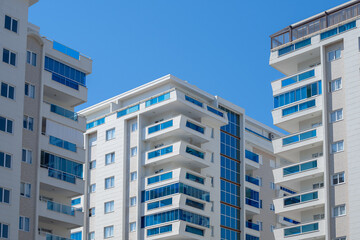 Residential area with tall apartment buildings.