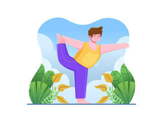 Illustration of Person Doing Yoga Pose Natarajasana or Lord of the Dance Pose on the Outdoors.
International Yoga Day Concept.
Can Be used For Banner, Poster, Web, Apps, Campaign, Etc.
