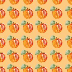 Hand drawn seamless pattern of watercolor apricots on the orange background