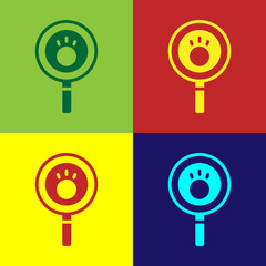 Pop art Paw search icon isolated on color background. Magnifying glass with animal footprints. Vector