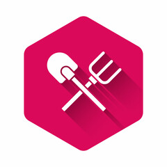 White Shovel and rake icon isolated with long shadow. Tool for horticulture, agriculture, gardening, farming. Ground cultivator. Pink hexagon button. Vector