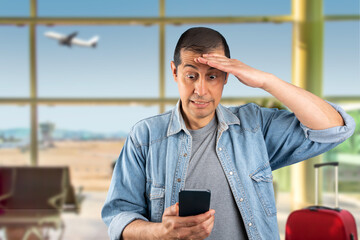 Man texting using smartphone at airport stressed with hand on head, shocked with shame and surprise...