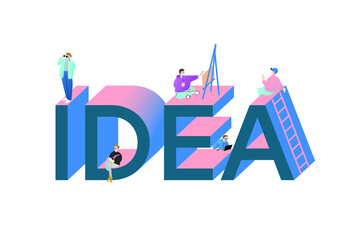 Vector image, 3d text idea, surrounded by people inspired by the idea and creativity